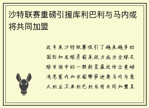 沙特联赛重磅引援库利巴利与马内或将共同加盟
